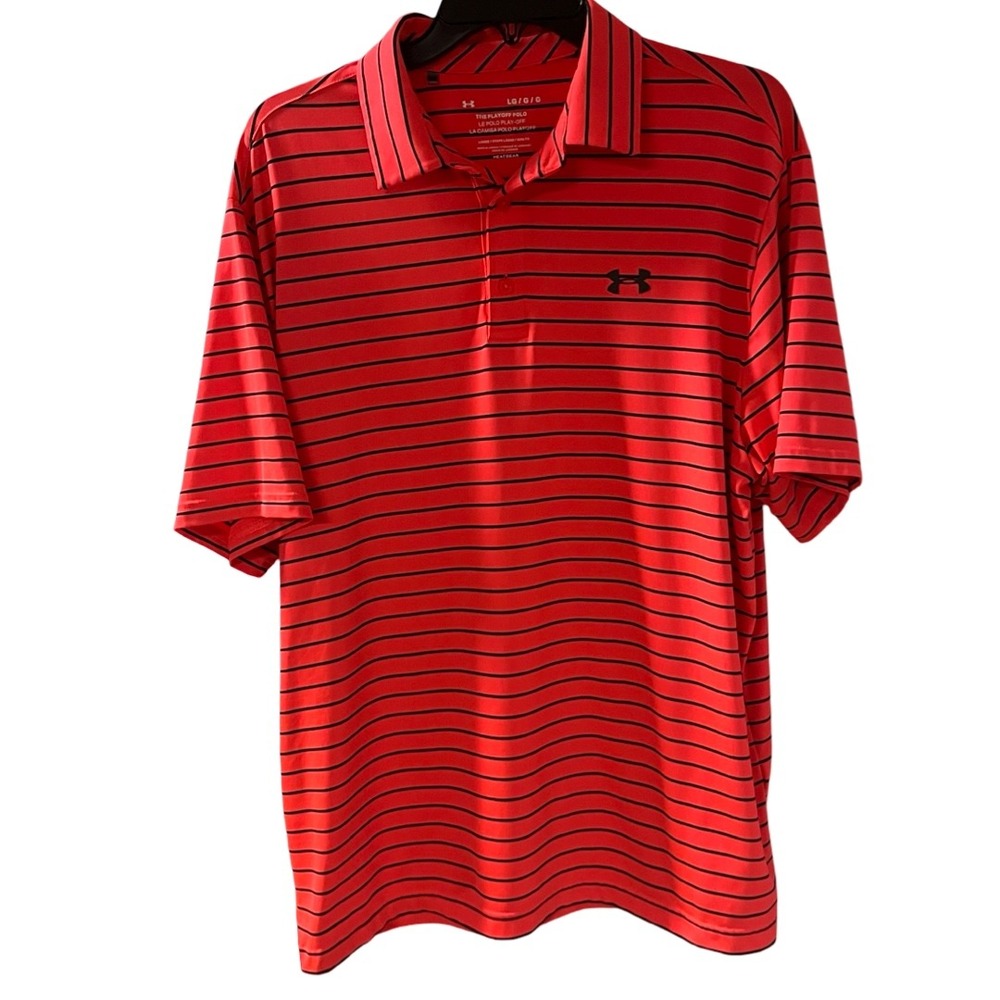 Under Armour Men's The Playoff Polo HeatGear Red Navy Stripe‎ Golf Shirt Large